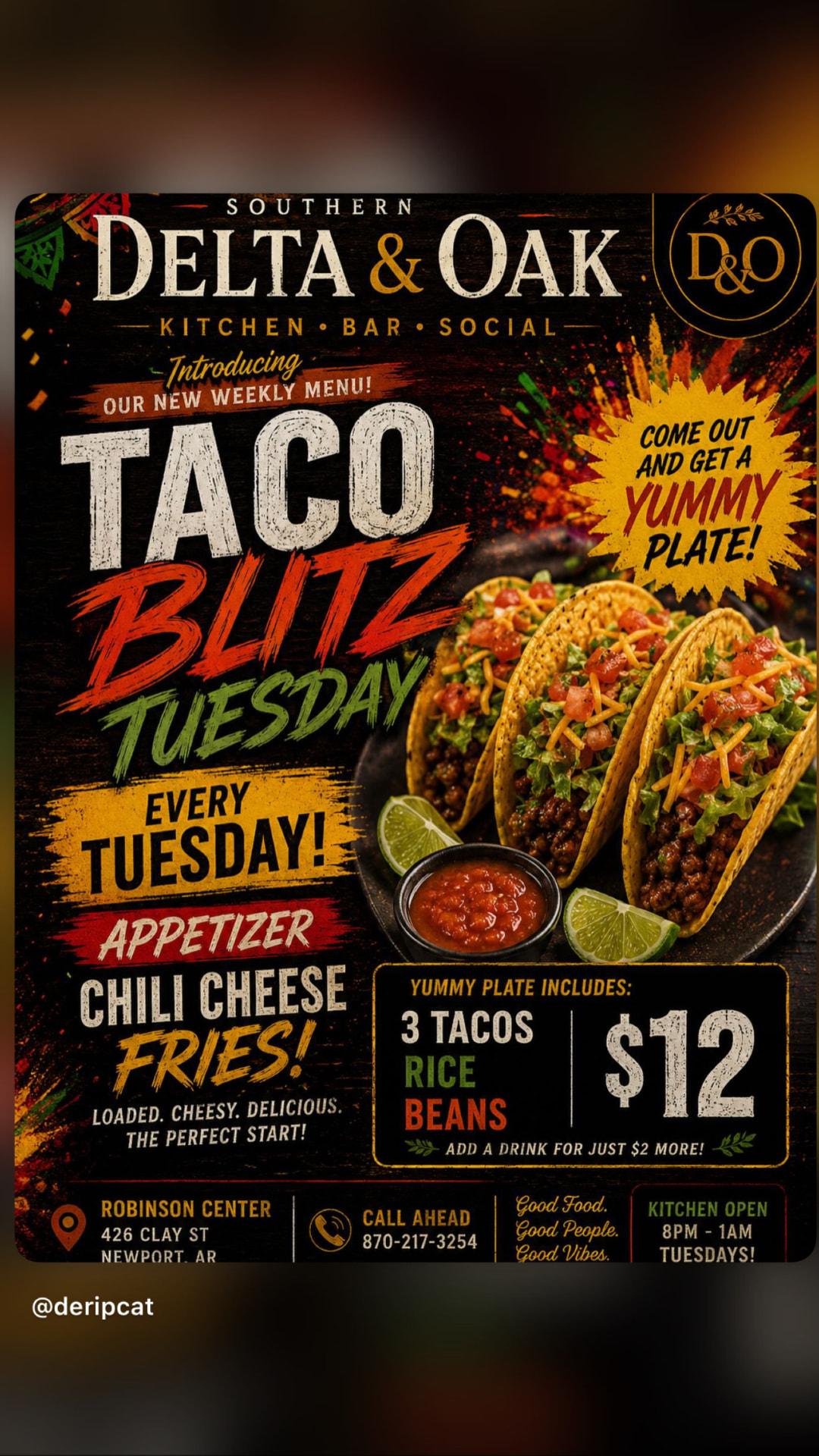 Taco Blitz Tuesday flyer — 3 tacos, rice and beans for $12 at Southern Delta & Oak